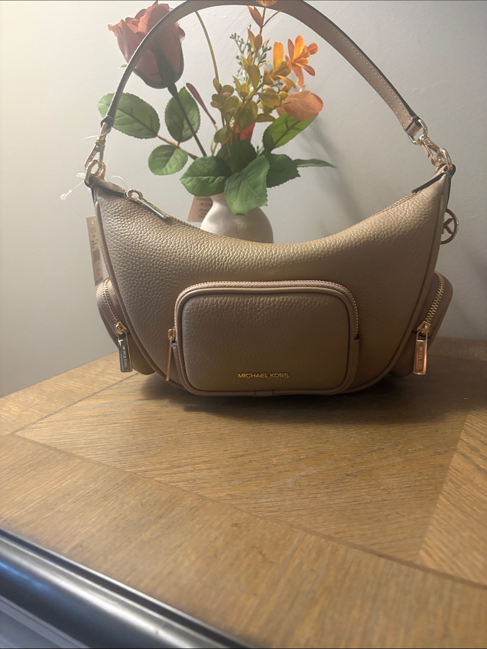 Michael Kors Pebbled Leather Shoulder Hobo in Taupe